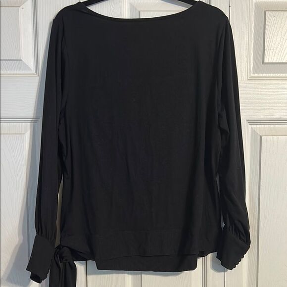 LANE BRYANT 14 16 Black Long Sleeve Ruched Tie Front Blouse Draped Neckline - Picture 5 of 6